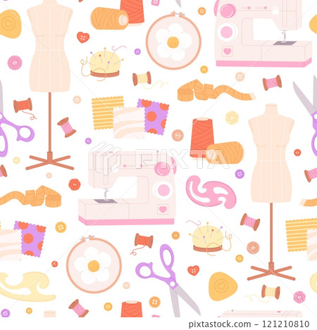 Handmade needlework seamless pattern. Different tools for tailor or clothes sewing. Mannequin embroidery scissors beads threads, racy vector background 121210810