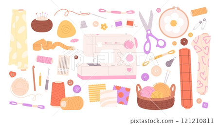 Sewing hand made design. Tools for sew, needles pins threads measuring tape. Embroidery and basket with wool, scissors, racy vector clipart Sewing hand made design. Tools for sew, needles pins threads measuring tape. Embroidery and basket with wool, scissors, racy vector clipart 121210811