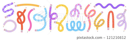 Curved pencils. Funny flexible pencil decorative design. Twisted folded knotted graphic stationery. Creative school art supplies, racy vector elements 121210812