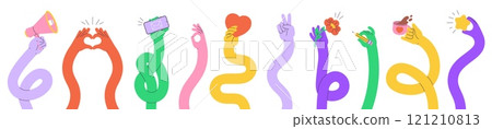 Comic flexible hands. Multicolored long stretched arms holding smartphone, megaphone, heart, cup of coffee, flower. Various gestures racy vector elements 121210813