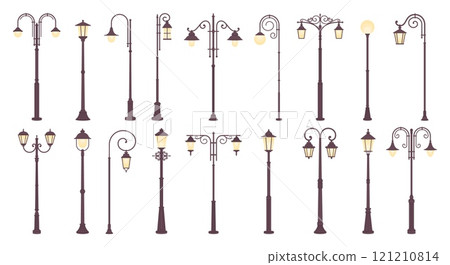 Vintage street lights. Flat decorative lights for sidewalk or urban boulevard. City or town landscape lighting elements, lamp posts racy vector set Vintage street lights. Flat decorative lights for sidewalk or urban boulevard. City or town landscape lighting elements, lamp posts racy vector set 121210814