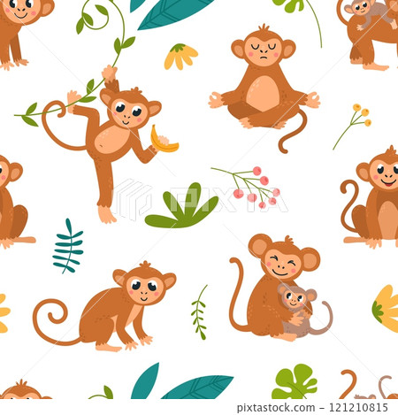 Funny monkey seamless pattern. Cute monkeys various poses characters. Exotic animals children fabric print, wrapping or wallpaper classy vector texture design 121210815