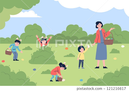 Children easter egg hunt. Flat kids in park or garden looking around, hunting eggs and put in basket. Seasonal spring festival activity, recent vector scene 121210817