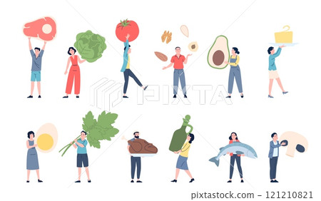 People holding giant food. Keto diet products, eggs meat vegetables. Women men eating fresh ingredients. Grocery store or market recent vector characters 121210821