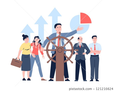 Leader at helm. Businessman boss leads company to success. Smart business management, personal and team work achievement, recent vector scene 121210824