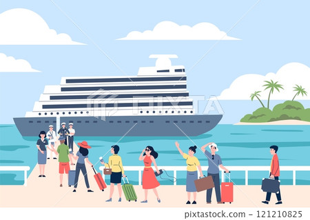Ocean cruise characters. Summer male female go in travel boat or ship. Seascape and seaside, island with palms and people with luggage, recent vector scene Ocean cruise characters. Summer male female go in travel boat or ship. Seascape and seaside, island with palms and people with luggage, recent vector scene 121210825