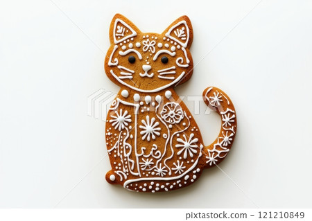 Deliciously decorated Gingerbread Cat Cookie topped with colorful icing and decorations Deliciously decorated Gingerbread Cat Cookie topped with colorful icing and decorations 121210849