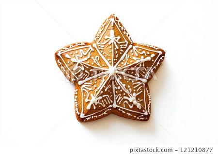 A Beautifully Crafted StarShaped Gingerbread Cookie Decorated with Colorful Icing 121210877