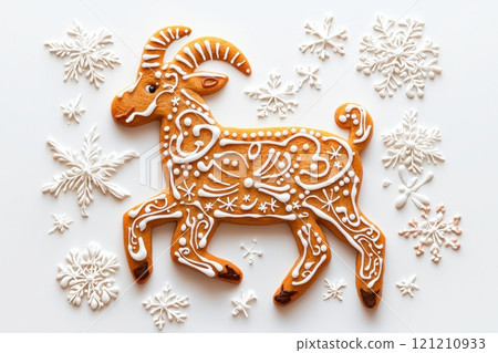 Gingerbread Goat topped with delicate Icing and charming Snowflakes for festive fun Gingerbread Goat topped with delicate Icing and charming Snowflakes for festive fun 121210933