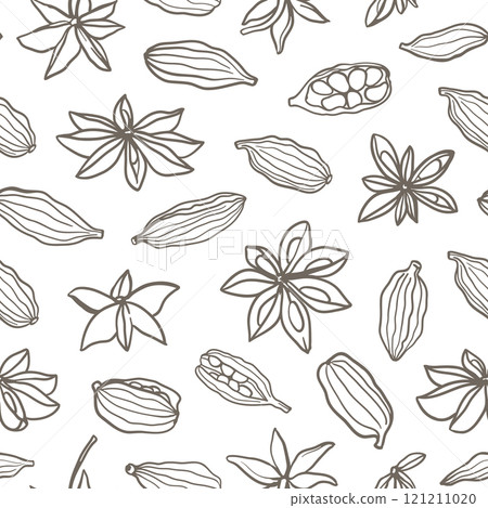 Hand drawn black and white star anise and cardamom seamless pattern 121211020