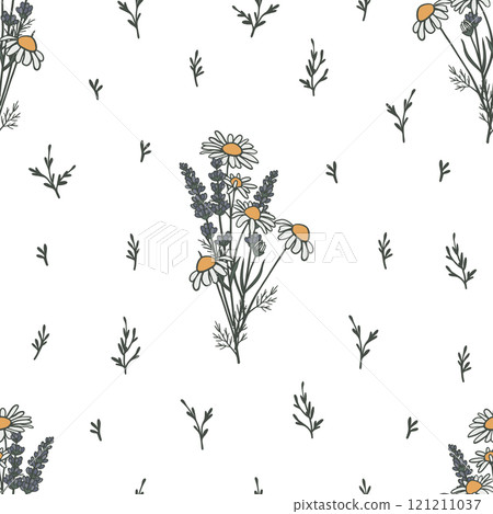 Seamless pattern with chamomile and lavender bouquet Seamless pattern with chamomile and lavender bouquet 121211037