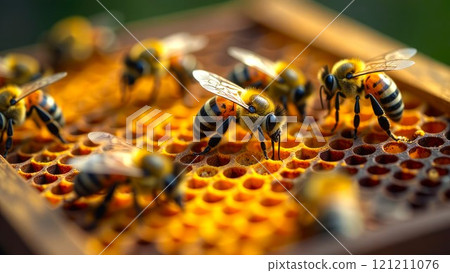 Honeybee and honeycomb. Close-up of a large striped Bees, sits on Honeycomb, on a sunny bright day. Working bees on honey cells	 121211076