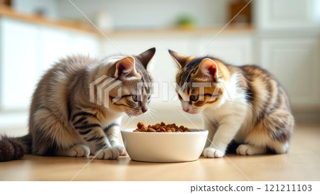 Two cute fluffy Cats eats Pet Food from bowl. Healthy food for pets. Dietary balanced. Blurred modern interior, white kitchen	 121211103