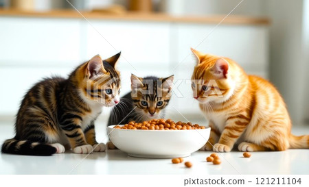 Three cute fluffy Cats eats Pet Food from bowl. Healthy food for pets. Dietary balanced. Blurred modern interior, white kitchen	 121211104