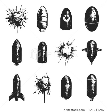 Various Bombs And Explosions Linocut Print Style Vector Illustrations Unique Artwork Creative Design Explosive Decorative Elements Artistic Visuals Modern Graphics Distinctive 121211287