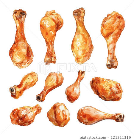 Fried Chicken Legs Watercolor Set Modern Technique Illustration On White Unique Artwork Creative Design Fried Chicken Decorative Elements Artistic Visuals Modern Graphics 121211319
