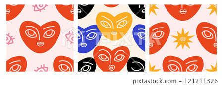 A set of seamless patterns with heart faces in  boho style. Mystical and magic. Abstract retro heart pattern. 121211326