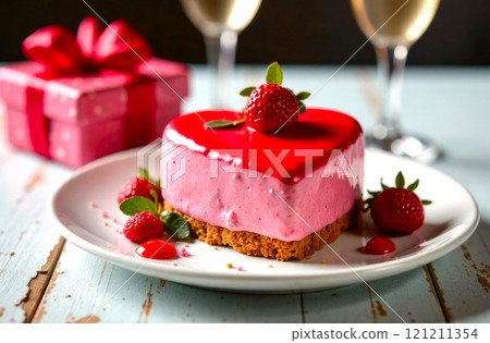 Red Heart shaped Cake on white plate. Close-up of small delicious glazed Cake with strawberries for Valentine's Day, gift and glass of champagne, on white wooden table 121211354