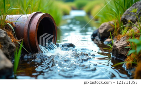Iron pipe from which flows water into a reservoir in nature, close-up. Contaminated water from chemical spill, pollution, environmental risk. Empty copy space 121211355