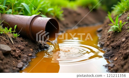 Iron pipe from which flows dirty brown water into a reservoir in nature, close-up. Contaminated water from chemical spill, pollution, environmental risk. Empty copy space 121211356