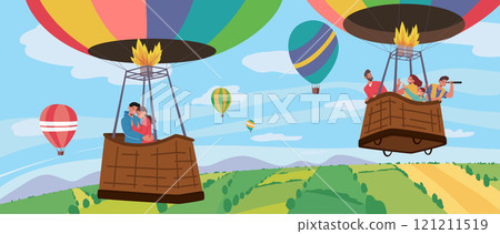 People tourists floating in sky flying in basket of air hot balloon admiring landscape scenery People tourists floating in sky flying in basket of air hot balloon admiring landscape scenery 121211519