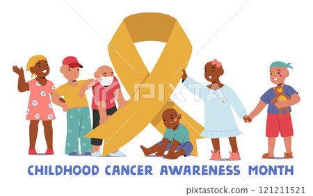 Childhood cancer awareness month supporting poster with sick little children and yellow ribbon Childhood cancer awareness month supporting poster with sick little children and yellow ribbon 121211521