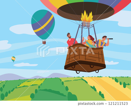 Happy parents and children characters enjoying amazing trip adventure travelling by air hot balloon 121211523