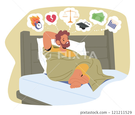 Worried man feeling stress due life problems suffering from insomnia sleeping disorder lying in bed Worried man feeling stress due life problems suffering from insomnia sleeping disorder lying in bed 121211529