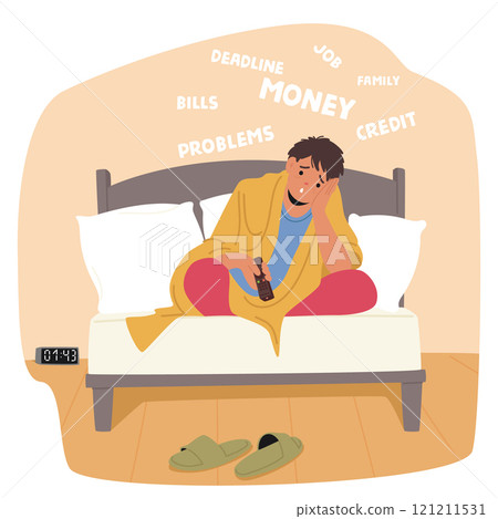 Young man character suffering from insomnia thinking about job, bills, credit, family problems 121211531
