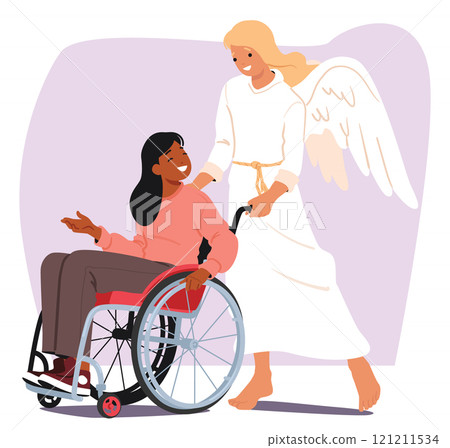 Angel life keeper biblical holy character supporting and caring for inclusive woman in wheelchair 121211534