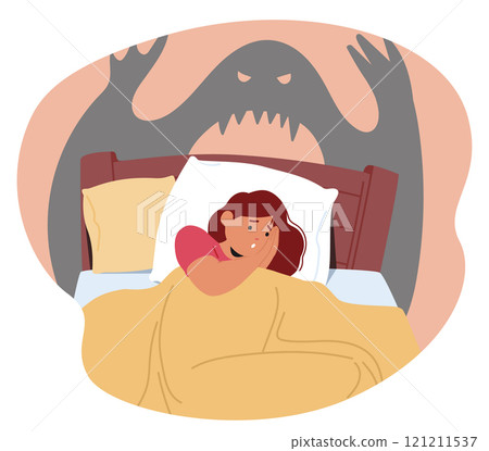 Scared woman cartoon character with trembling body under blanket suffering from nightmare Scared woman cartoon character with trembling body under blanket suffering from nightmare 121211537
