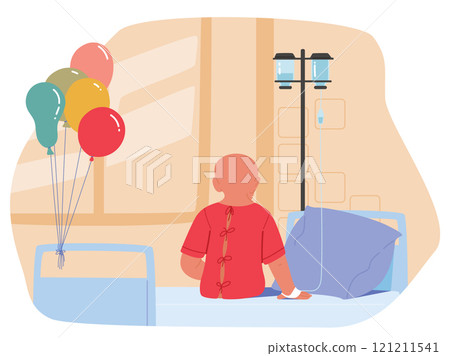 Cancer sick little child sitting on hospital ward decorated with birthday balloons view from back 121211541