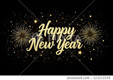 Golden Happy New Year text with sparkling fireworks and glittering stars 121211558