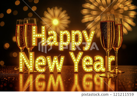 Golden Happy New Year glowing text with champagne glasses, fireworks, and reflections 121211559