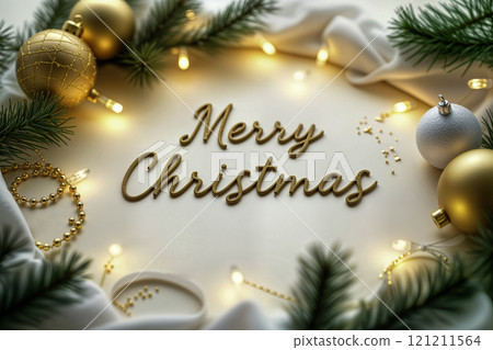 Golden Merry Christmas text with festive decorations, pine branches, and fairy lights Golden Merry Christmas text with festive decorations, pine branches, and fairy lights 121211564