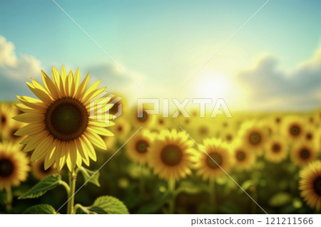 Vibrant sunflower field glowing under a sunny sky at sunrise Vibrant sunflower field glowing under a sunny sky at sunrise 121211566