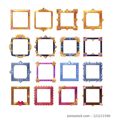 Square avatar frames. Fantasy game user avatar frame, gold silver metal stone wooden different material borders ui asset medieval elements cartoon set swanky vector illustration Square avatar frames. Fantasy game user avatar frame, gold silver metal stone wooden different material borders ui asset medieval elements cartoon set swanky vector illustration 121211580