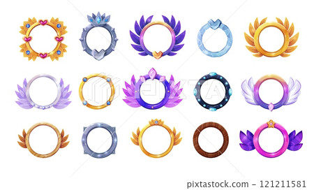 Game avatar borders. Fantasy gaming user avatars circle frames metal gold ice or wooden gui asset elements, level rank round border badge set cartoon swanky vector illustration Game avatar borders. Fantasy gaming user avatars circle frames metal gold ice or wooden gui asset elements, level rank round border badge set cartoon swanky vector illustration 121211581