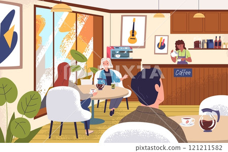 People in coffeehouse. Young woman man client indoor coffee shop interior, barista at cafe counter make espresso friends colleague meeting cozy cafeteria classy vector illustration 121211582