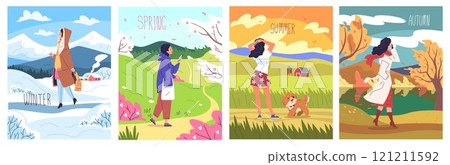Four seasons woman. Happy girl walk in different season nature landscapes, winter autumn summer spring seasonal hot or cold weather fashion clothing, set classy vector illustration 121211592