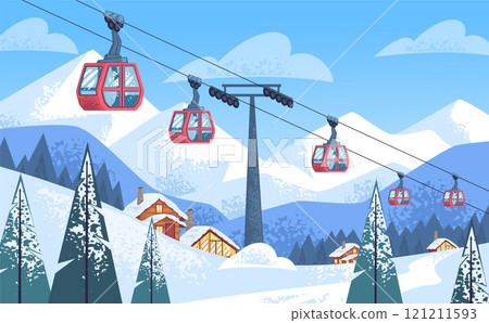 Ski cableway. Winter snowy mountain resort ropeway cable car in switzerland austria landscape, skiers track snowboard lift alps holiday outdoor scene, classy vector illustration 121211593