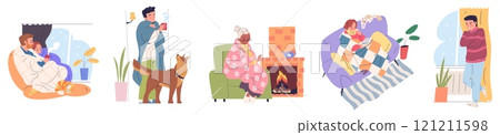 Freezing home people. Family shivering from cold in house, sick woman in warm clothes and man covered blanket or furnace plaid warming fireplace, classy winter vector illustration 121211598