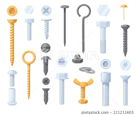 Cartoon bolts screws. Construction fasteners set, hook anchor steel nail nut round rivet metal screw silver bolt washer repair fix work stainless tools, neat vector illustration 121211603