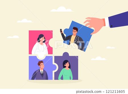New employee puzzle. HR manager businessman leader hand join connect new employee to company office team, colleague jigsaw piece welcome job onboarding concept vector illustration 121211605