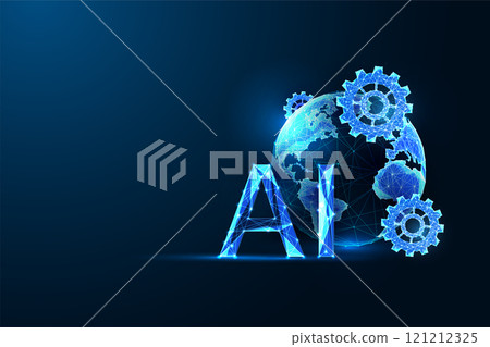 AI-powered global automation with gears and Earth on dark blue background. Digital transformation  121212325