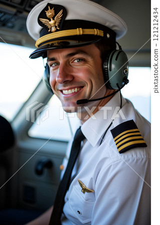 A smiling pilot in uniform at the controls of a plane during daylight hours 121212434