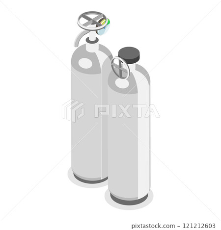3D Isometric Flat Vector Illustration of Gas Cylindrical Containers, Metal Tanks with Industrial Liquefied Oxygen. Item 7 121212603