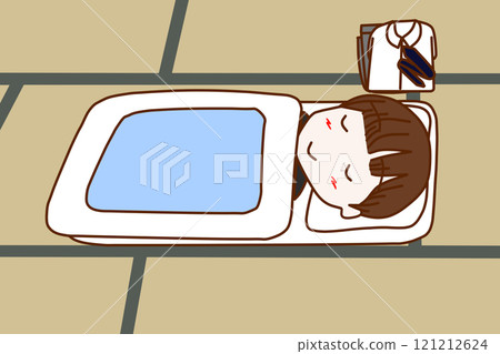 A male student sleeping soundly on a futon on the tatami in a Japanese-style room 121212624