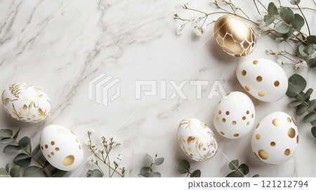 Sophisticated arrangement of white and gold decorated eggs along with soft green eucalyptus leaves and delicate flowers for Easter Sophisticated arrangement of white and gold decorated eggs along with soft green eucalyptus leaves and delicate flowers for Easter 121212794