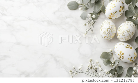 This arrangement features beautifully decorated eggs, soft green leaves, and delicate flowers on a marble background, creating a refined Easter theme This arrangement features beautifully decorated eggs, soft green leaves, and delicate flowers on a marble background, creating a refined Easter theme 121212795